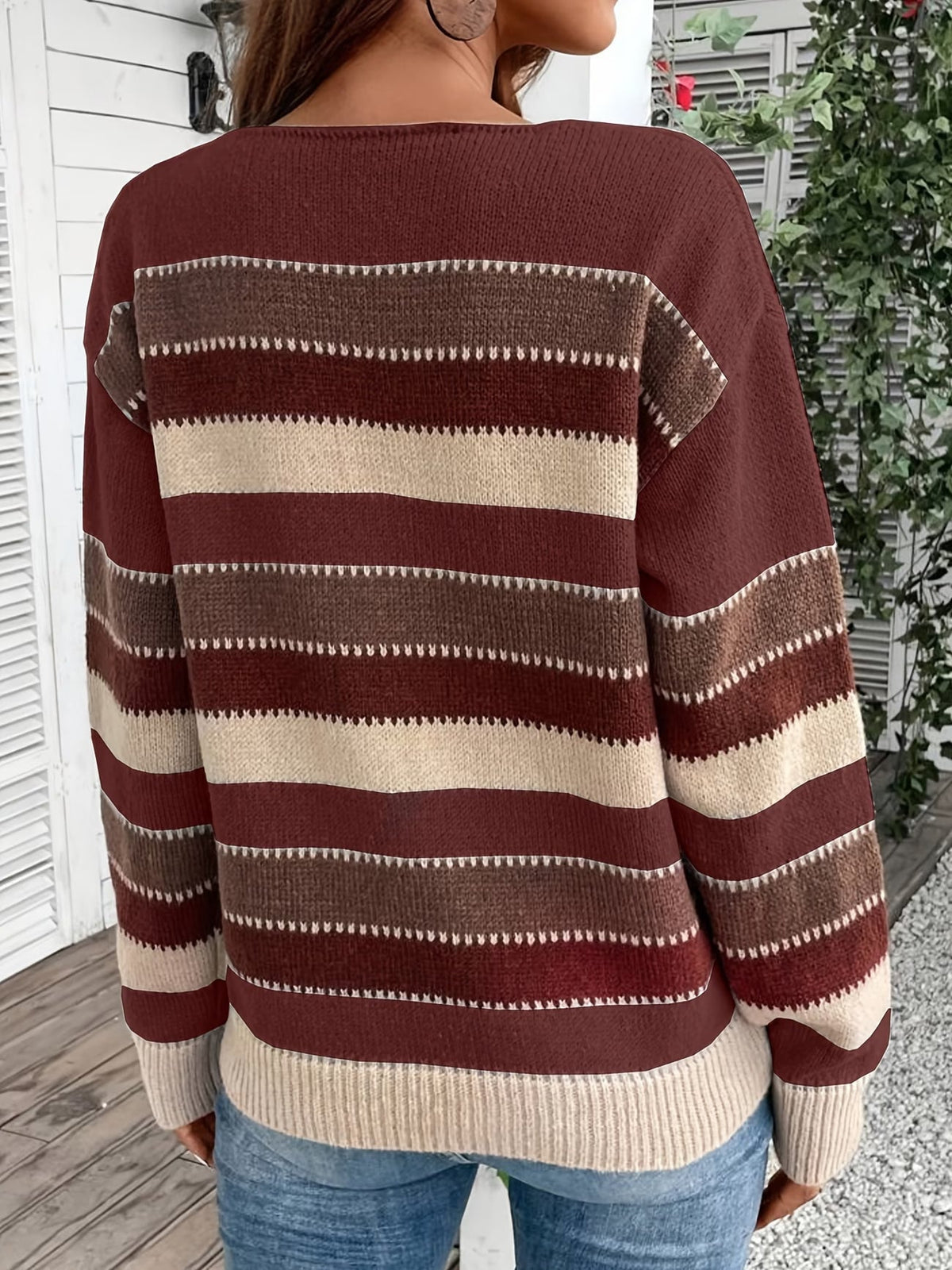 Jersey de punto a rayas de mujer con cuello redondo 24