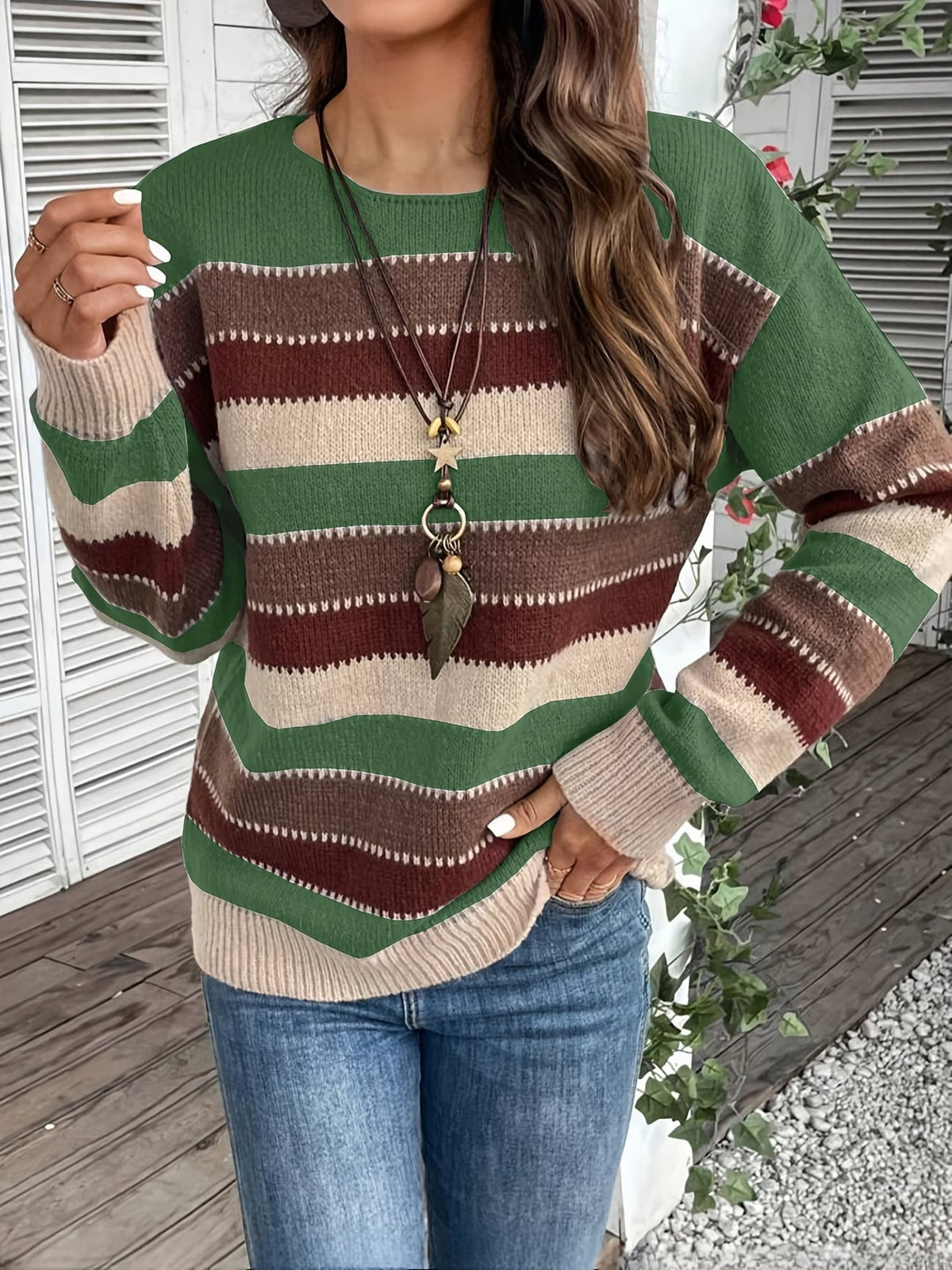 Jersey de punto a rayas de mujer con cuello redondo 27