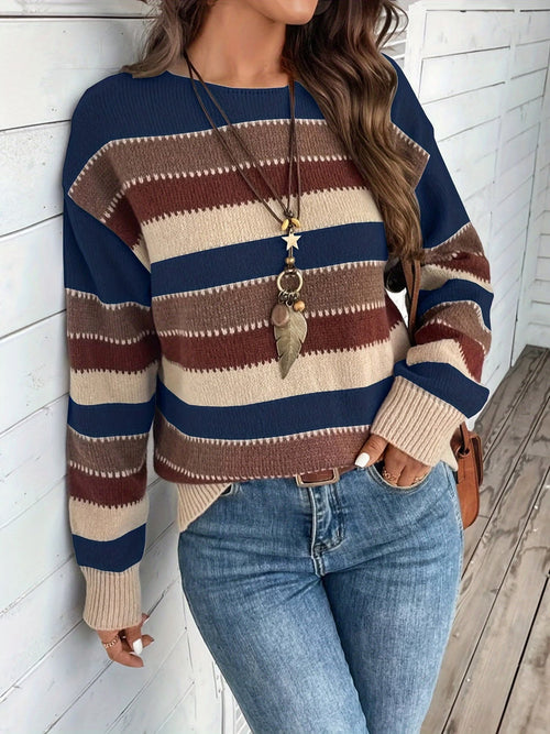 Jersey de punto a rayas de mujer con cuello redondo 3