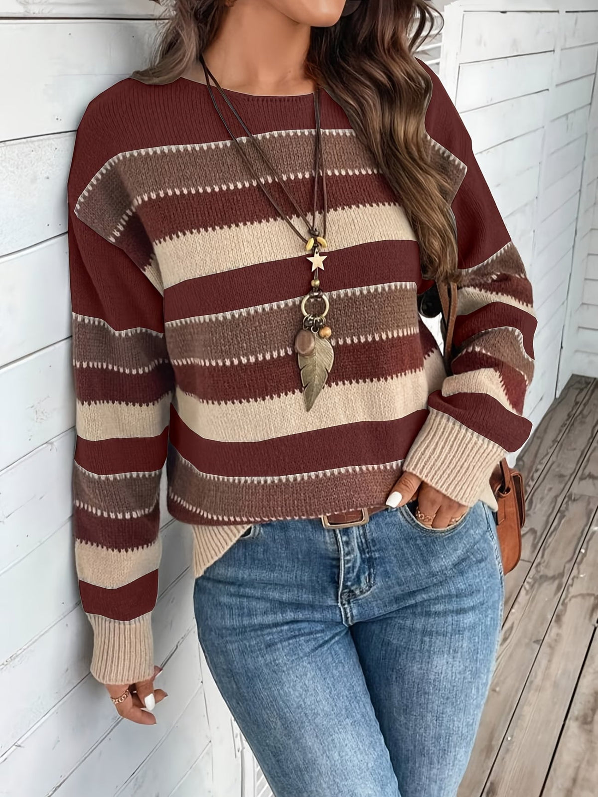 Jersey de punto a rayas de mujer con cuello redondo 5
