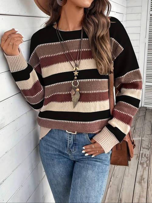 Jersey de punto a rayas de mujer con cuello redondo 7