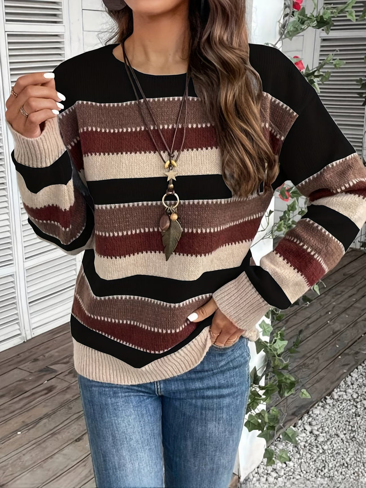 Jersey de punto a rayas de mujer con cuello redondo 9