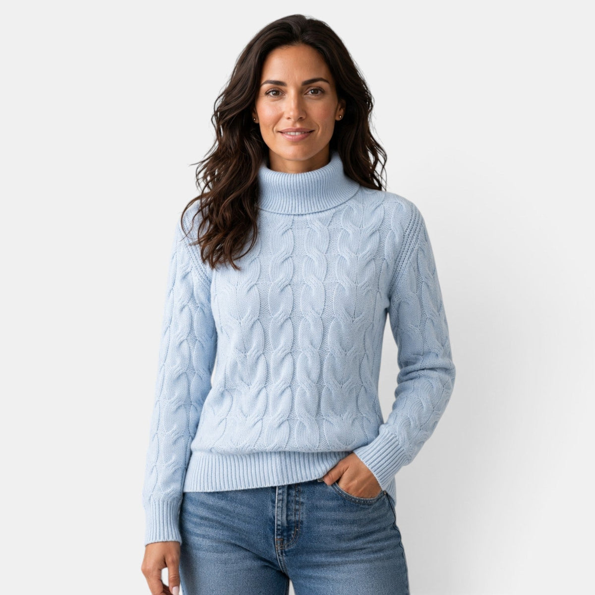 Jersey de punto trenzado con cuello alto para mujer manga larga 1