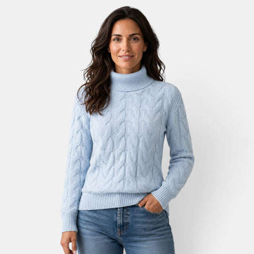 Jersey de punto trenzado con cuello alto para mujer manga larga 1