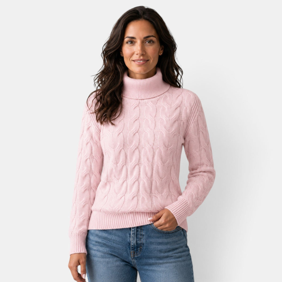 Jersey de punto trenzado con cuello alto para mujer manga larga 2