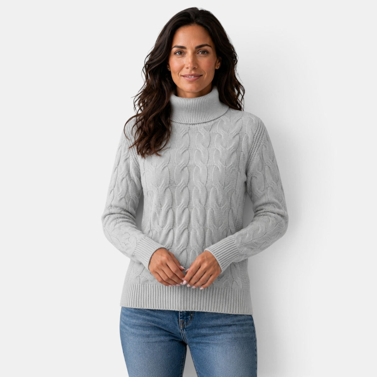 Jersey de punto trenzado con cuello alto para mujer manga larga 4