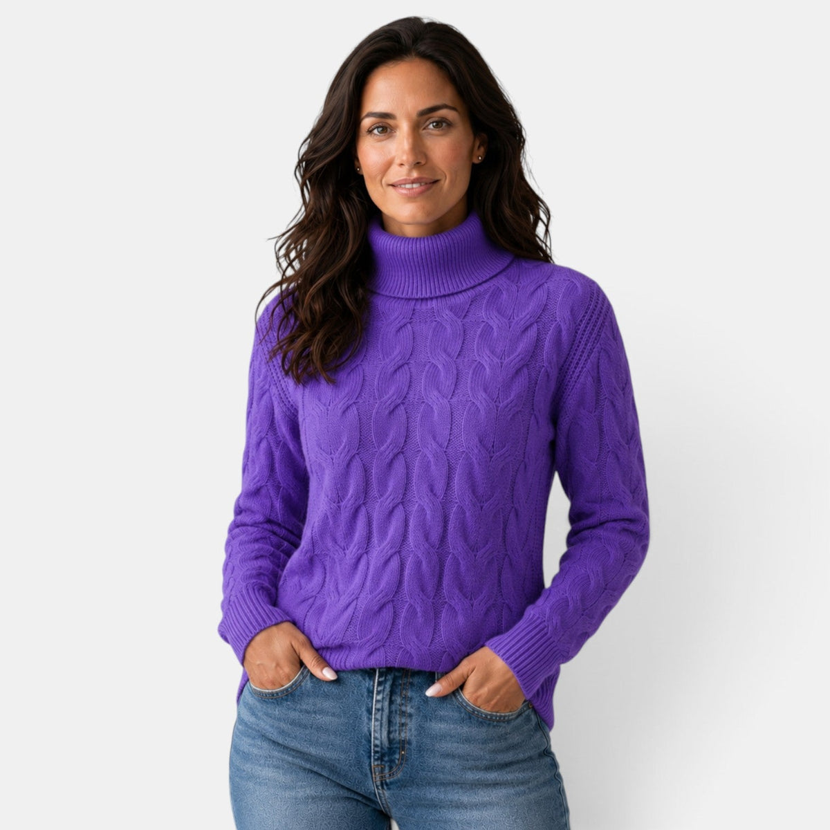 Jersey de punto trenzado con cuello alto para mujer manga larga 5