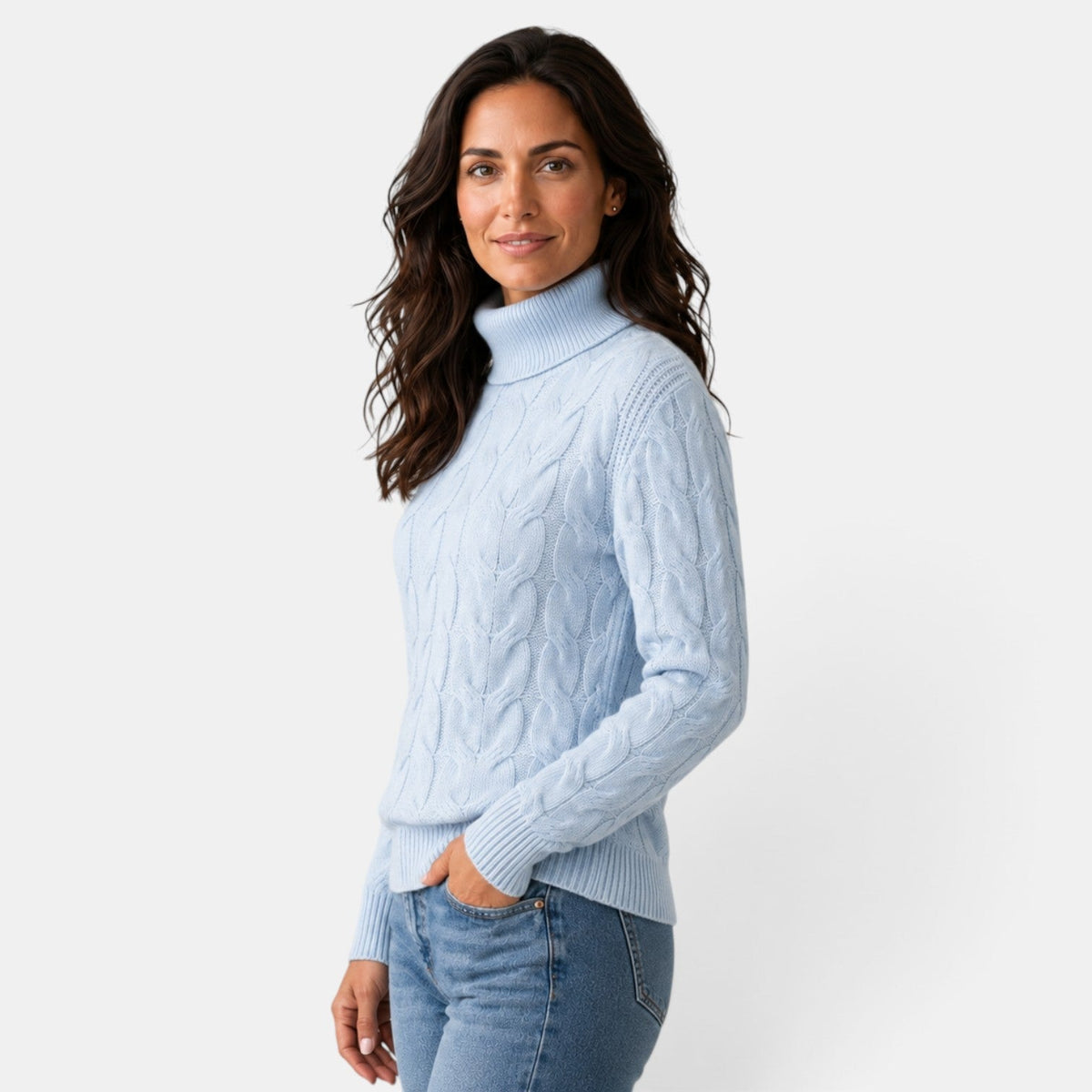 Jersey de punto trenzado con cuello alto para mujer manga larga 6