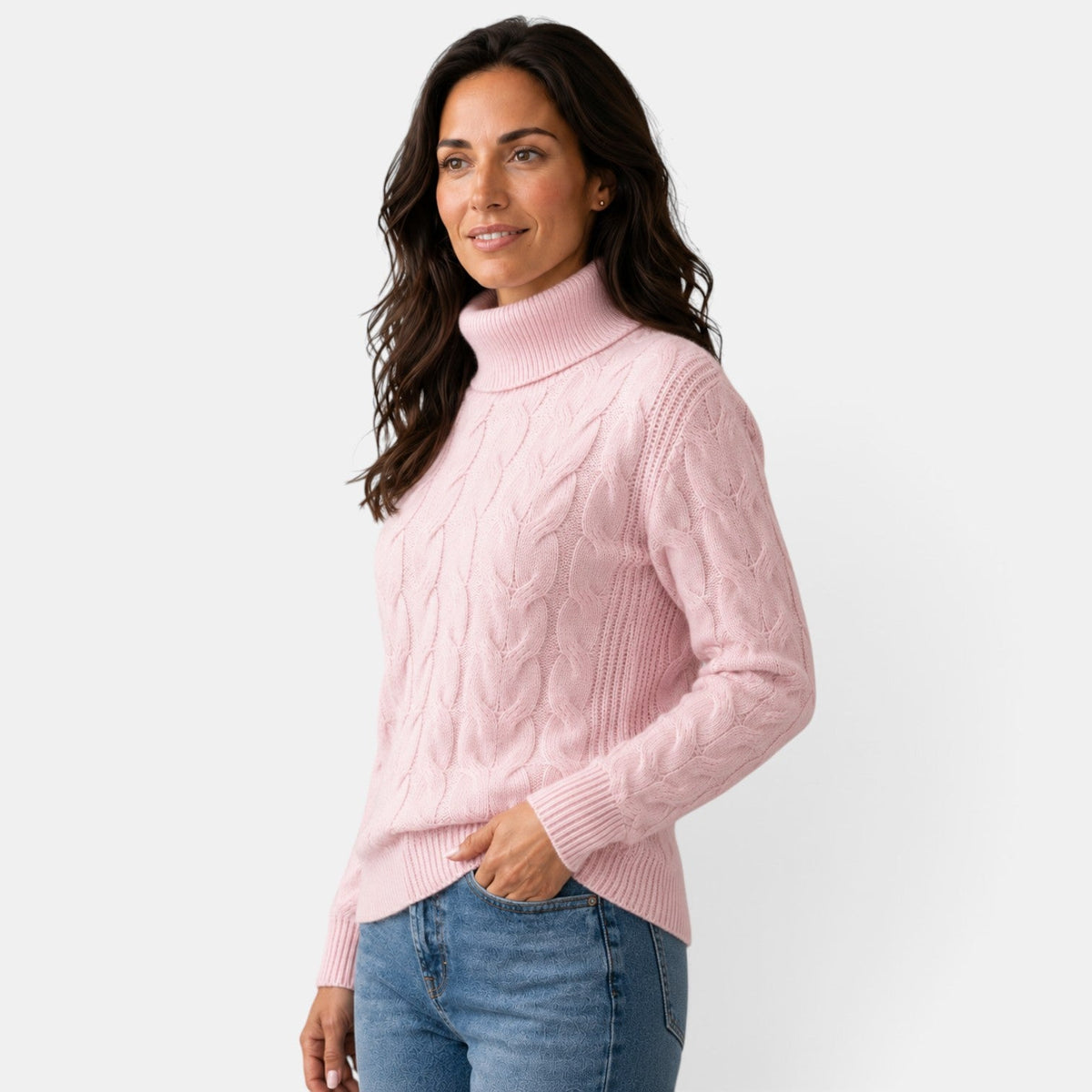 Jersey de punto trenzado con cuello alto para mujer manga larga 8