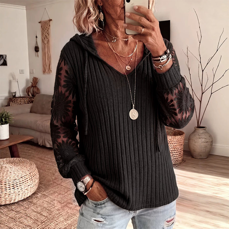 Jersey mujer con capucha, cuello en V y mangas de encaje floral 2