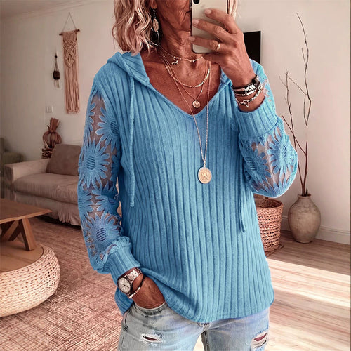 Jersey mujer con capucha, cuello en V y mangas de encaje floral 3