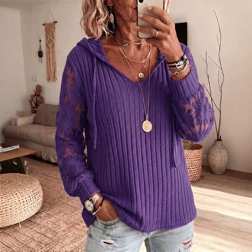 Jersey mujer con capucha, cuello en V y mangas de encaje floral 4