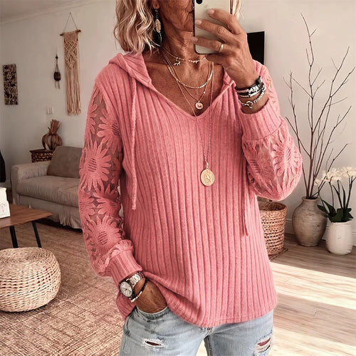 Jersey mujer con capucha, cuello en V y mangas de encaje floral 5