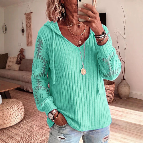 Jersey mujer con capucha, cuello en V y mangas de encaje floral 6