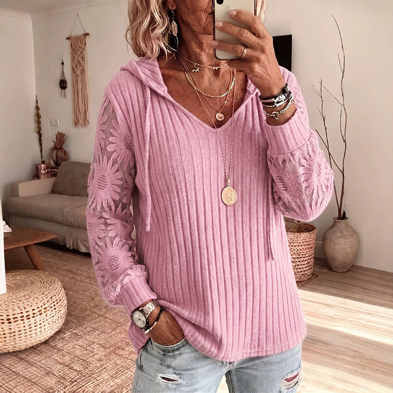 Jersey mujer con capucha, cuello en V y mangas de encaje floral 7