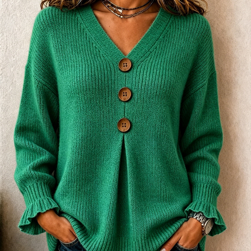 Jersey mujer de cuello en V con botones y mangas con volante 4