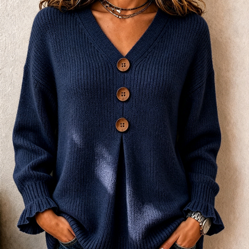 Jersey mujer de cuello en V con botones y mangas con volante 6