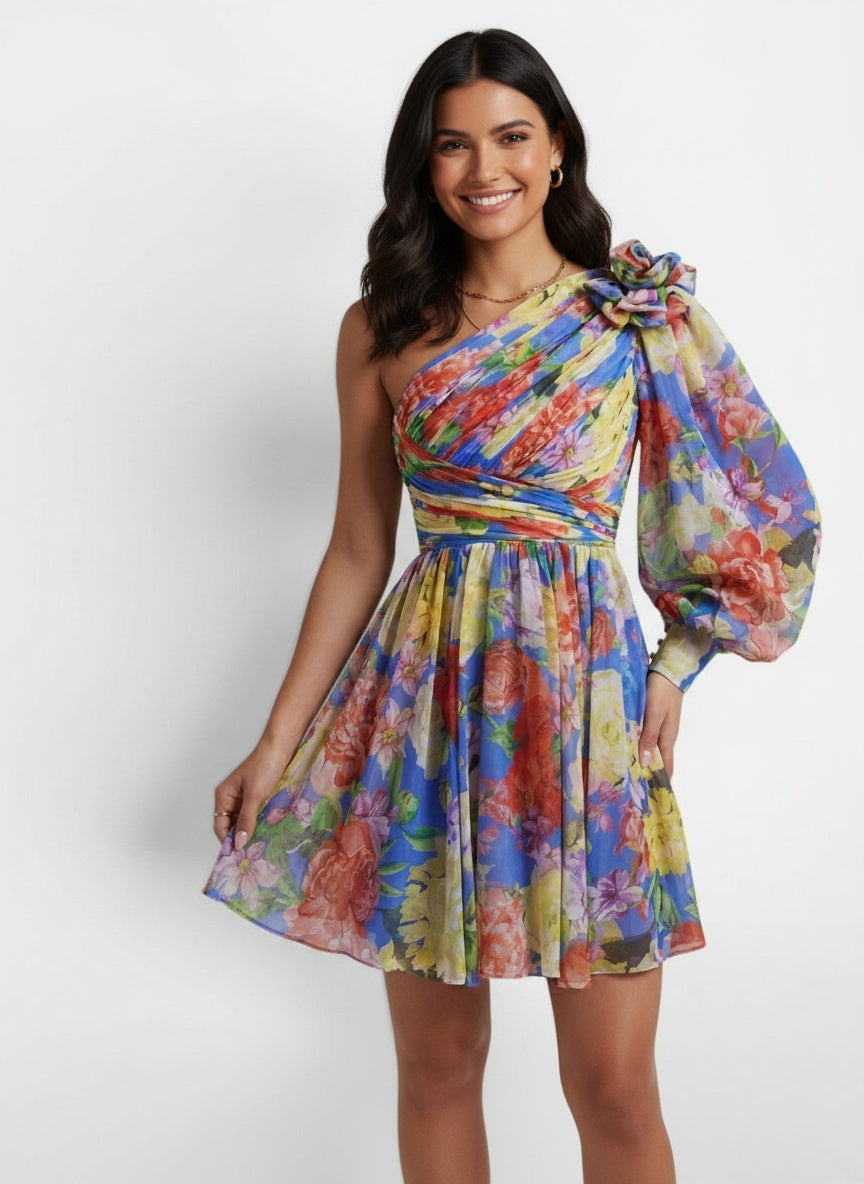 Full body view of the model wearing Vestido Corto Mujer Floral Verano