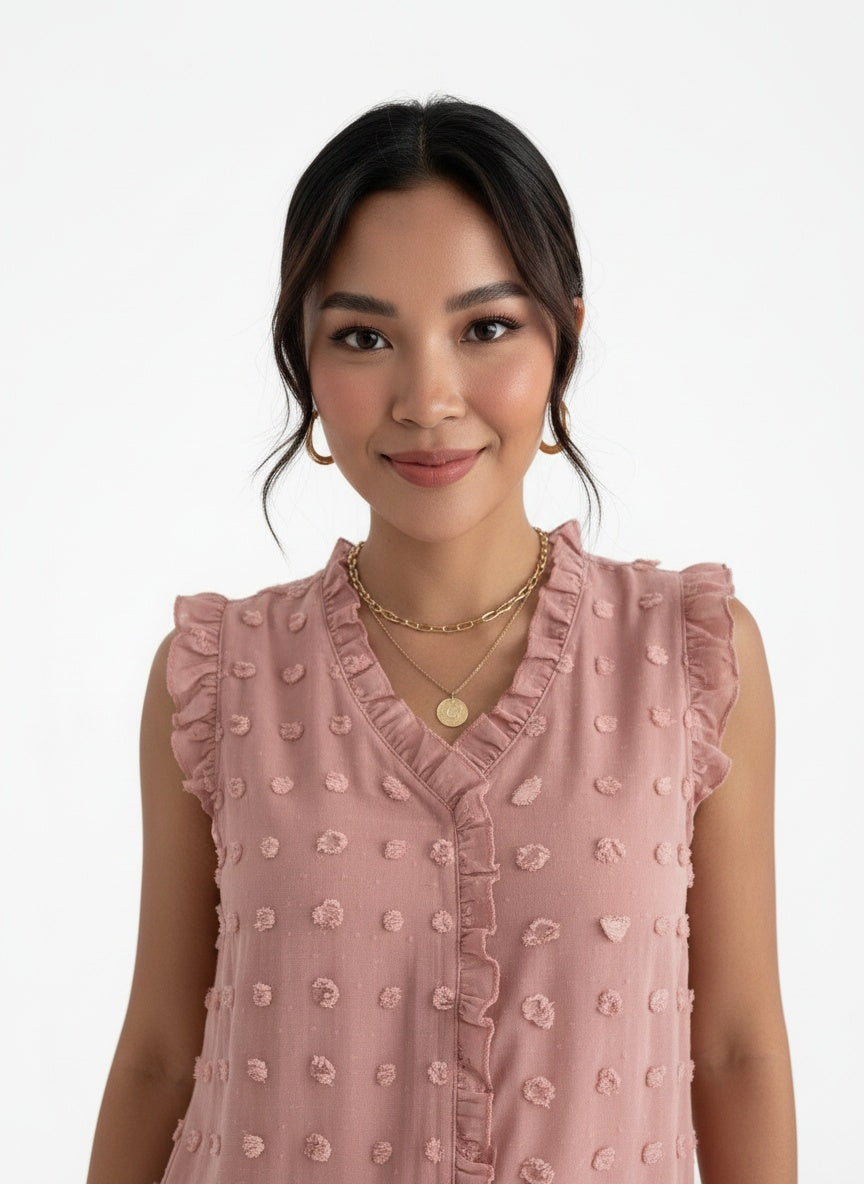 Close-up of the model wearing Blusa Mujer Volantes Elegante
