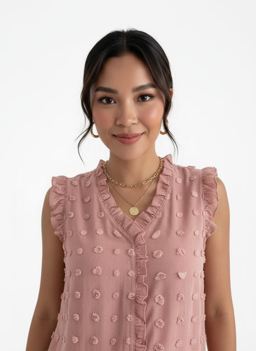 Close-up of the model wearing Blusa Mujer Volantes Elegante
