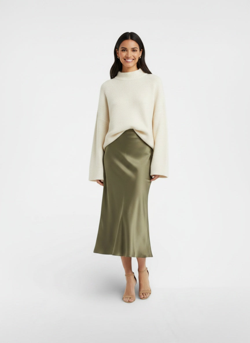 Full body view of the model wearing Falda Satinada Mujer Alta Cintura