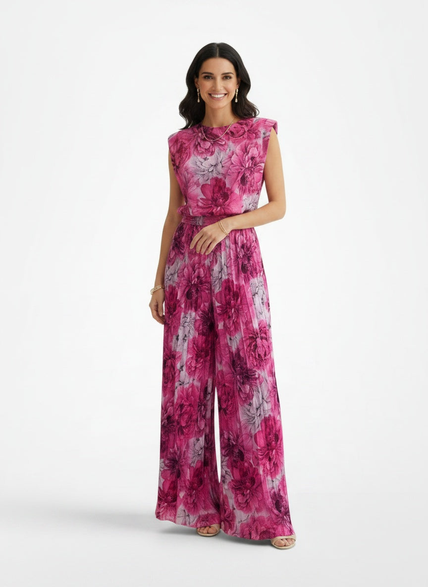 Full body view of the model wearing Conjunto Mujer sin Mangas con Pantalón Wide Leg