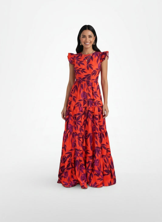 Full body view of the model wearing Vestido Largo Rojo Elegante Mujer