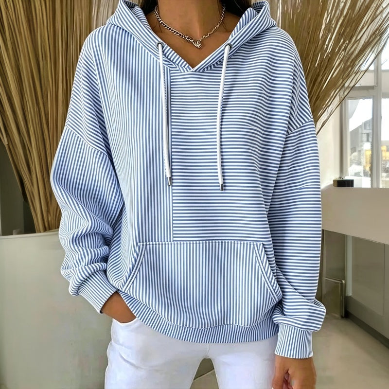 Sudadera de mujer con capucha, rayas y bolsillo canguro 1