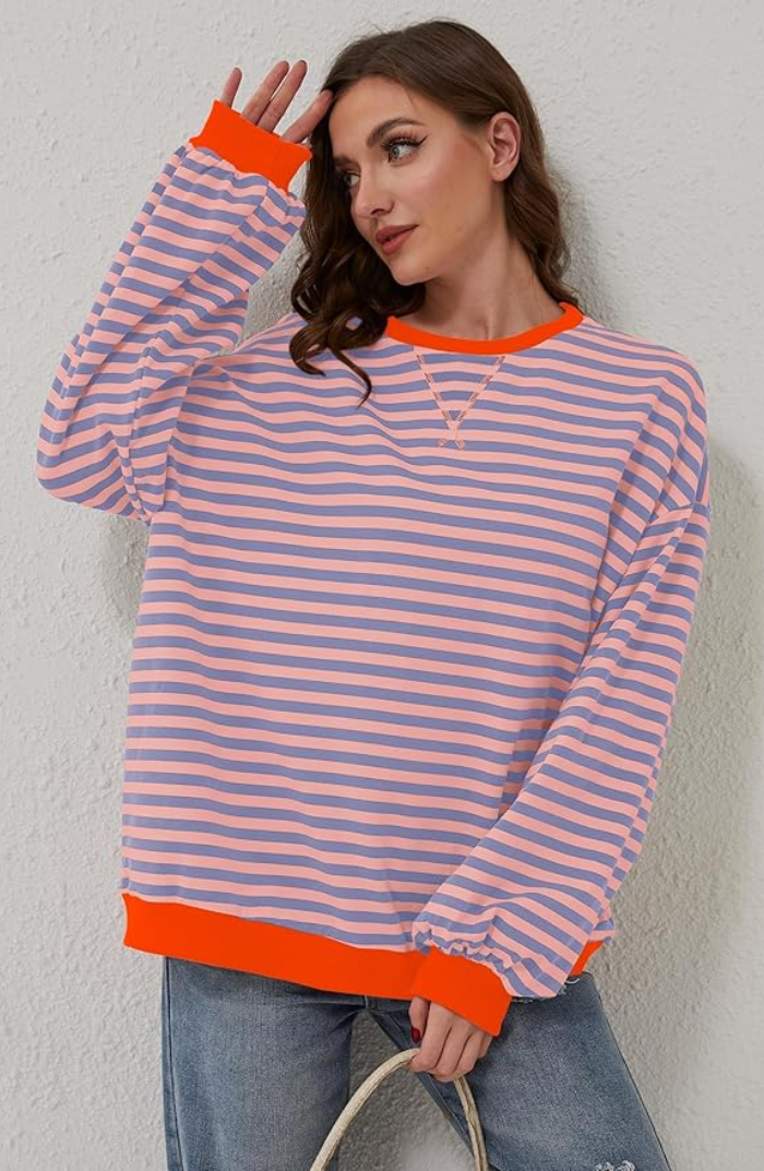 Sudadera mujer de rayas con cuello redondo y corte holgado 6