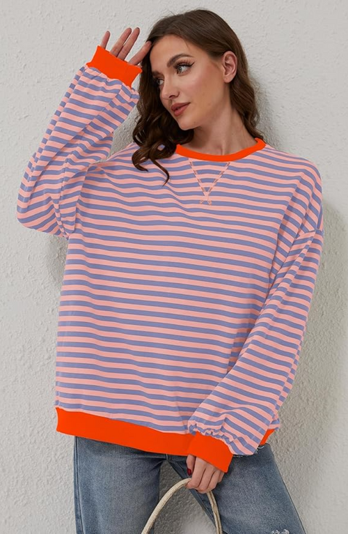 Sudadera mujer de rayas con cuello redondo y corte holgado 6