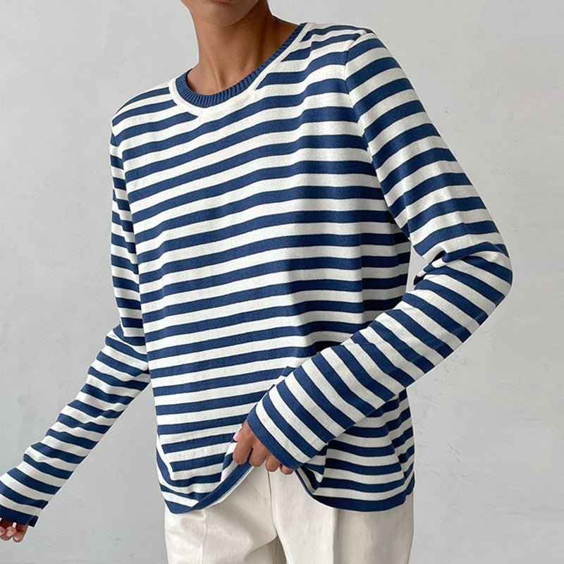 Sudadera mujer de rayas horizontales con cuello redondo y corte holgado 1