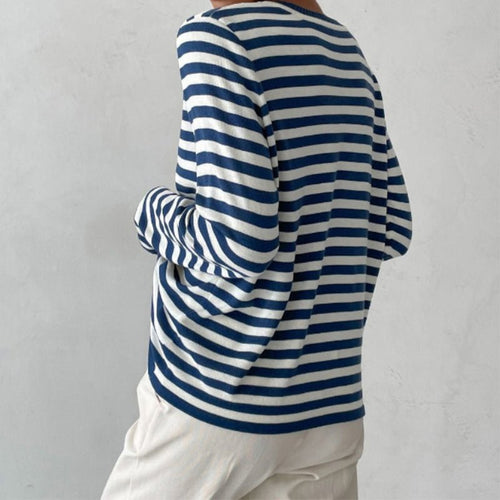 Sudadera mujer de rayas horizontales con cuello redondo y corte holgado 12