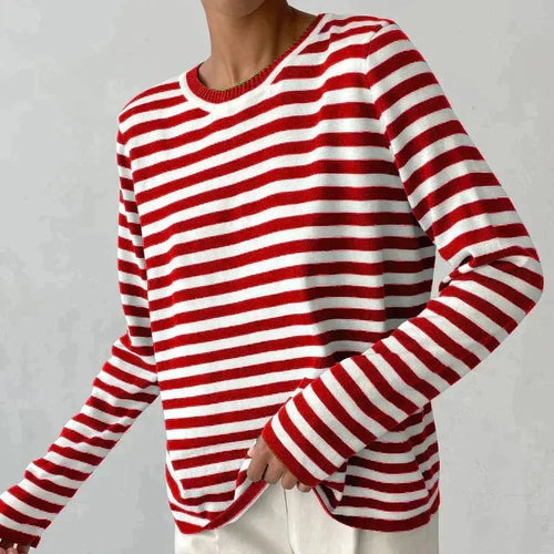Sudadera mujer de rayas horizontales con cuello redondo y corte holgado 4