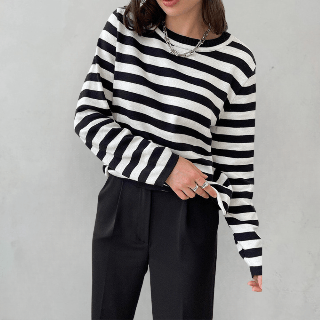 Sudadera mujer de rayas horizontales con cuello redondo y corte holgado 5