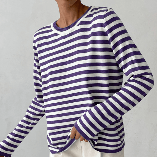 Sudadera mujer de rayas horizontales con cuello redondo y corte holgado 7