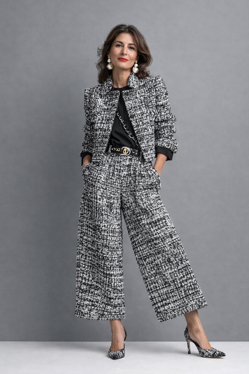 Traje de tweed mujer con chaqueta corta y pantalón ancho 1