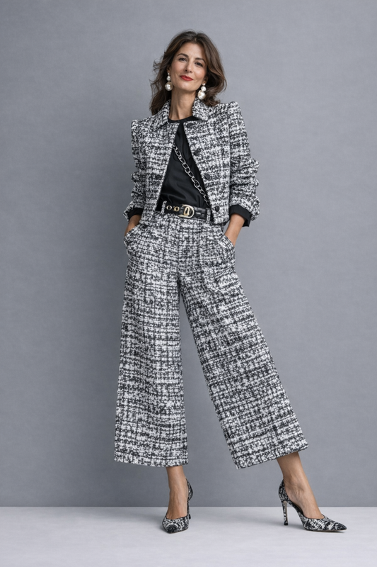 Traje de tweed mujer con chaqueta corta y pantalón ancho 2