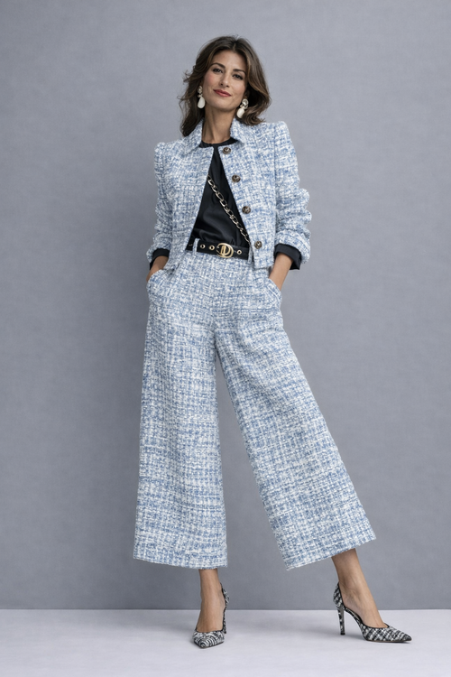 Traje de tweed mujer con chaqueta corta y pantalón ancho 3