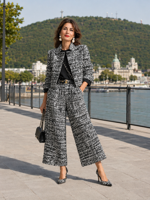 Traje de tweed mujer con chaqueta corta y pantalón ancho 4