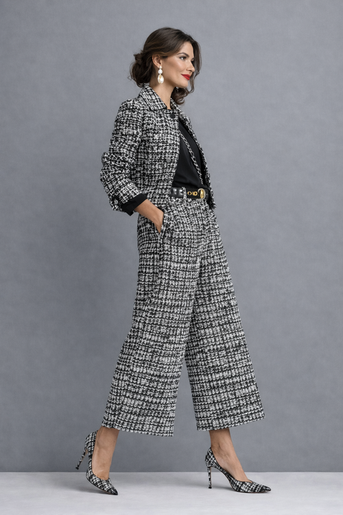 Traje de tweed mujer con chaqueta corta y pantalón ancho 5