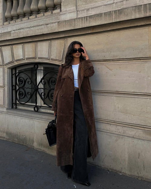 Trench largo de ante para mujer con doble botonadura 1