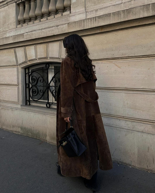 Trench largo de ante para mujer con doble botonadura 5