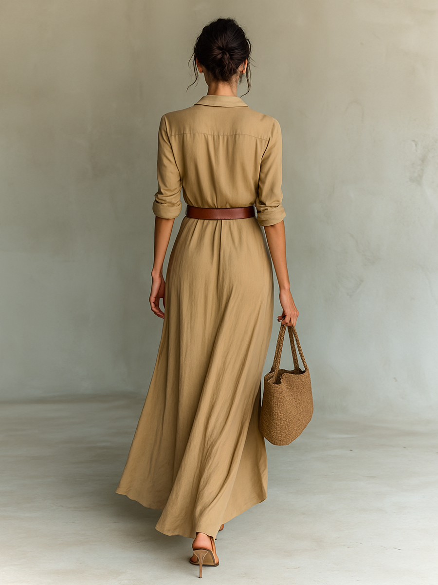 Vestido camisero maxi con cuello de solapa y cinturón 4