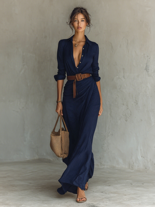 Vestido camisero maxi con cuello de solapa y cinturón 5