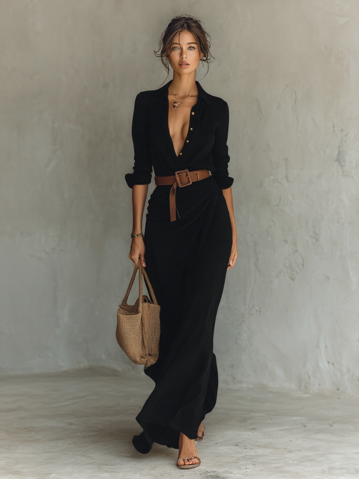 Vestido camisero maxi con cuello de solapa y cinturón 7