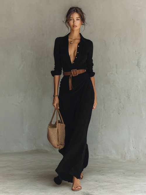 Vestido camisero maxi con cuello de solapa y cinturón 7
