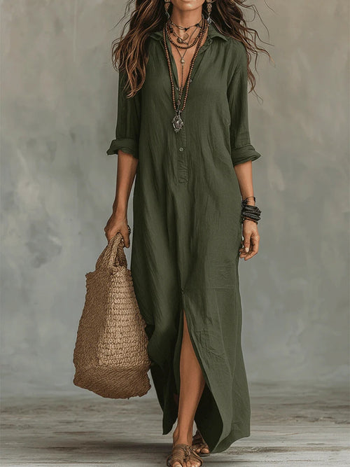 Vestido camisero maxi fluido con botones y manga larga 1