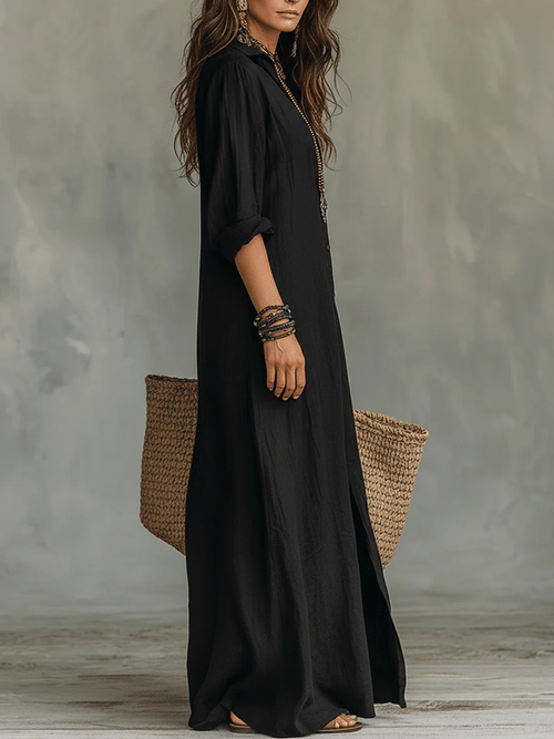 Vestido camisero maxi fluido con botones y manga larga 2