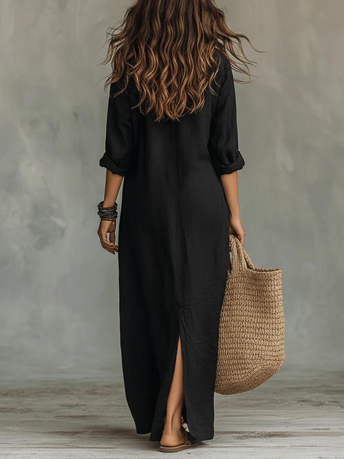 Vestido camisero maxi fluido con botones y manga larga 3