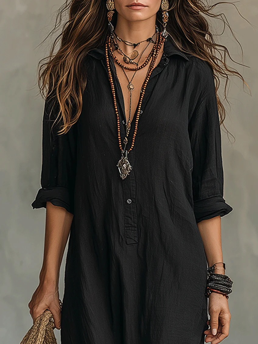 Vestido camisero maxi fluido con botones y manga larga 4